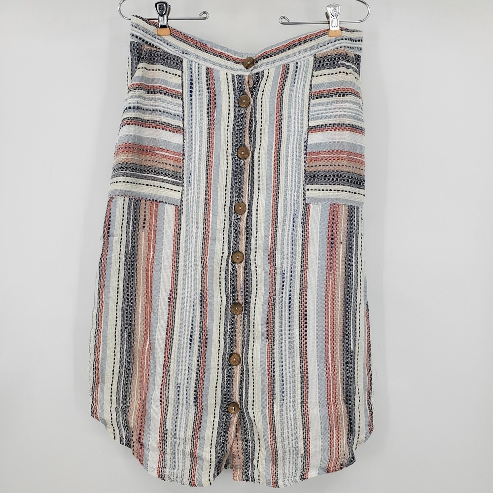 Blue Rain Francescas Striped Button Front Midi Skirt Boho Pocket Multi Color M